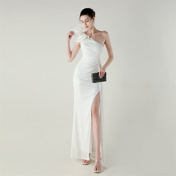 One-Shoulder Asymmetric Mermaid Gown with Floral Beadwork