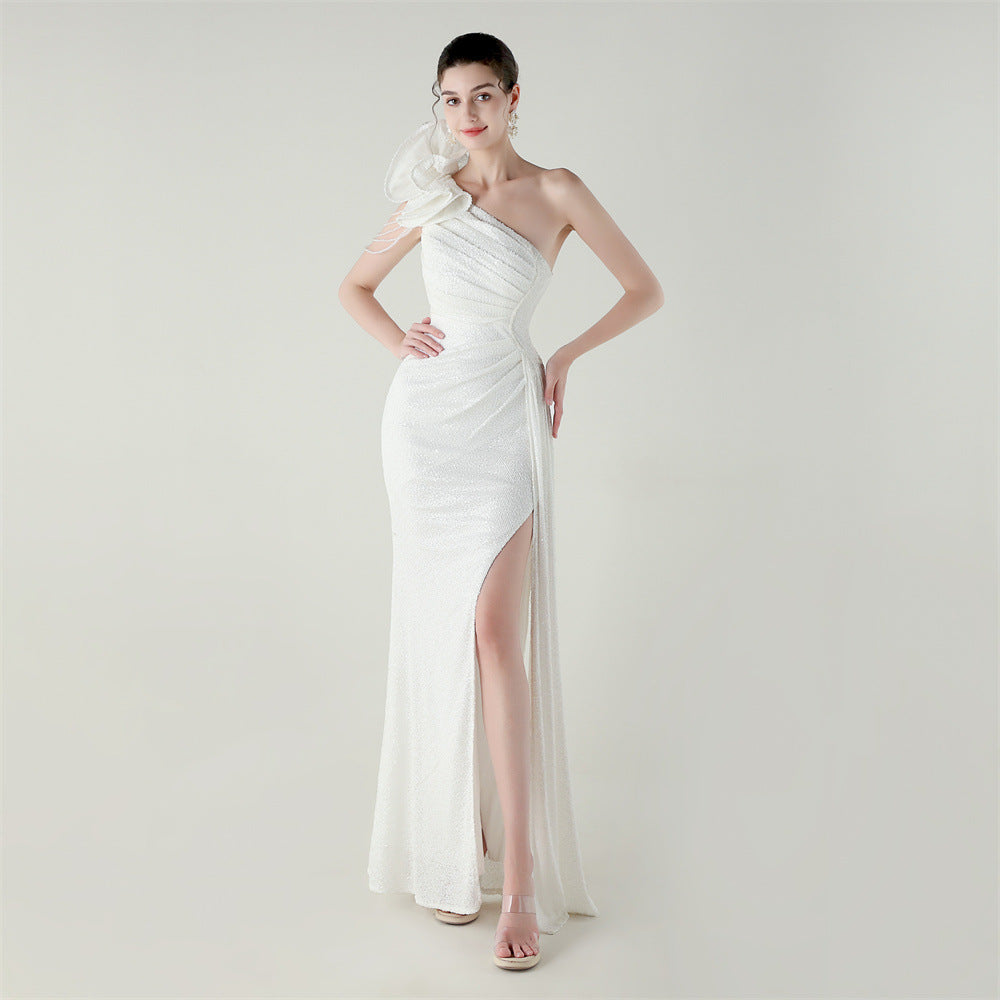 One-Shoulder Asymmetric Mermaid Gown with Floral Beadwork