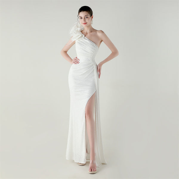 One-Shoulder Asymmetric Mermaid Gown with Floral Beadwork