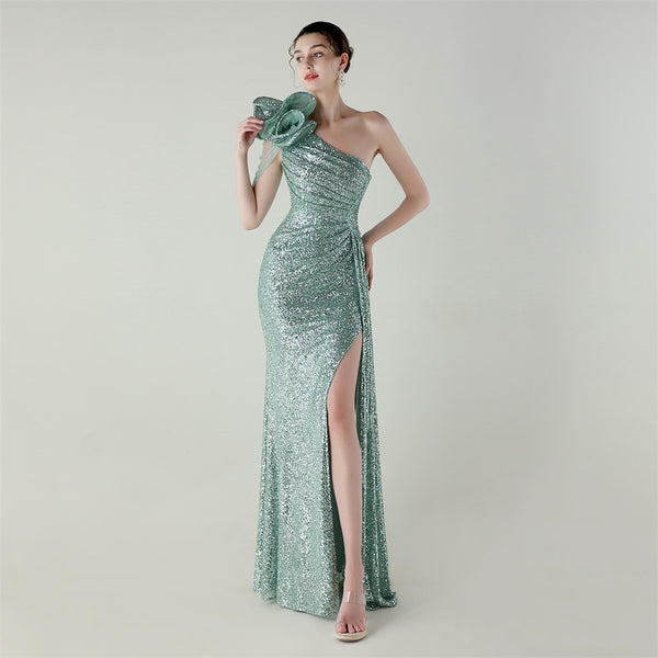 One-Shoulder Asymmetric Mermaid Gown with Floral Beadwork