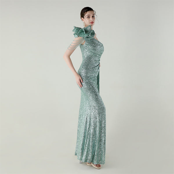 One-Shoulder Asymmetric Mermaid Gown with Floral Beadwork