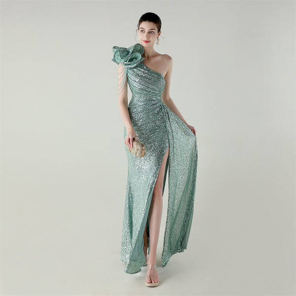 One-Shoulder Asymmetric Mermaid Gown with Floral Beadwork