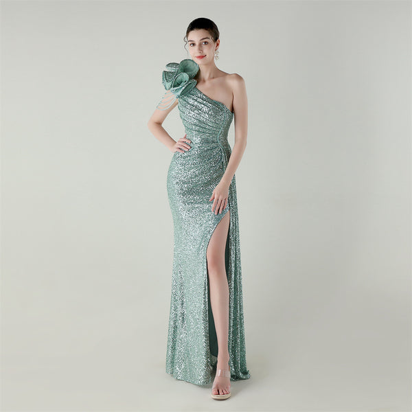 One-Shoulder Asymmetric Mermaid Gown with Floral Beadwork