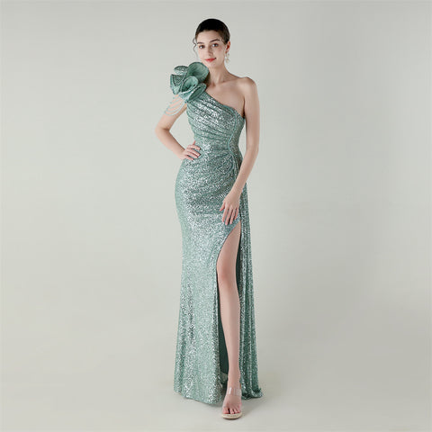 One-Shoulder Asymmetric Mermaid Gown with Floral Beadwork