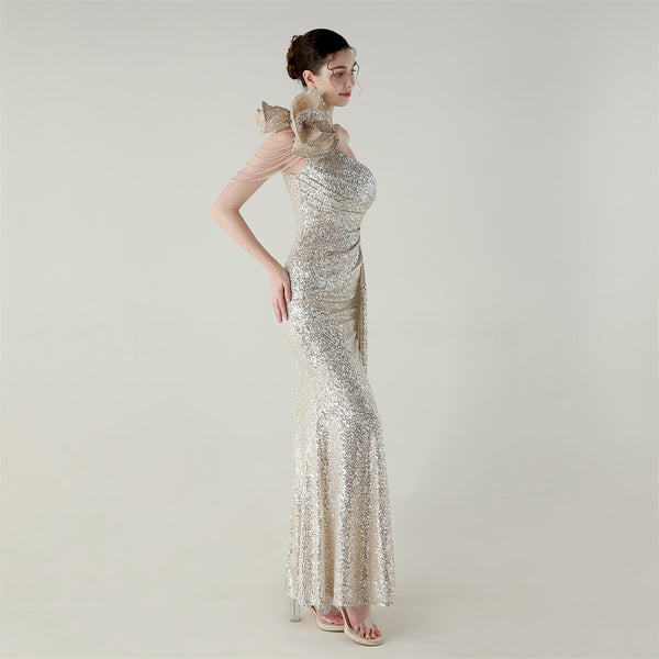 One-Shoulder Asymmetric Mermaid Gown with Floral Beadwork