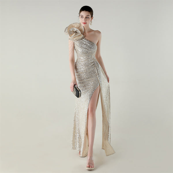 One-Shoulder Asymmetric Mermaid Gown with Floral Beadwork