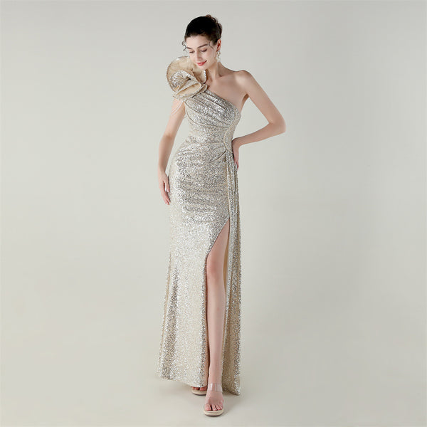 One-Shoulder Asymmetric Mermaid Gown with Floral Beadwork