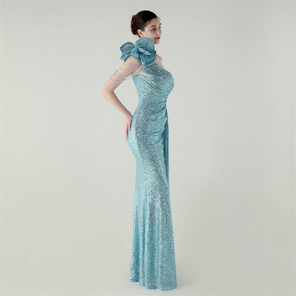 One-Shoulder Asymmetric Mermaid Gown with Floral Beadwork