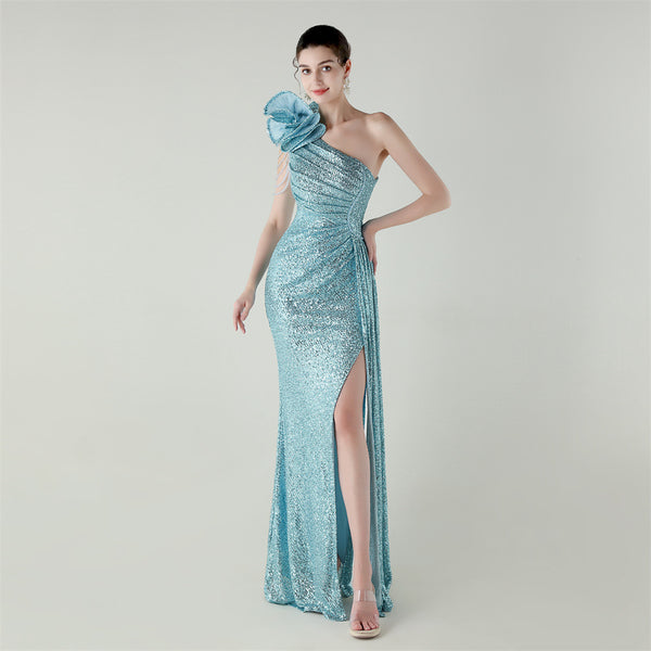 One-Shoulder Asymmetric Mermaid Gown with Floral Beadwork
