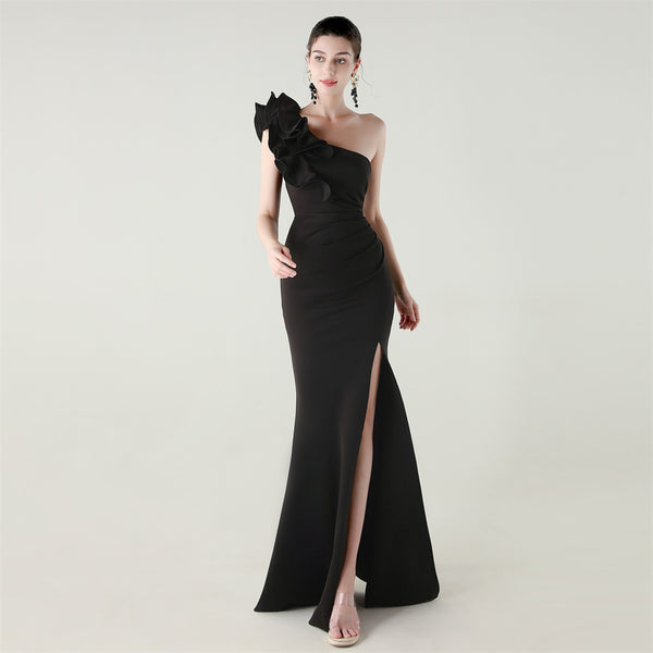 One-Shoulder Satin Gown with Wave Ruffle & High Slit