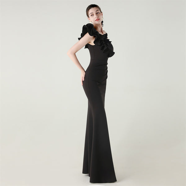 One-Shoulder Satin Gown with Wave Ruffle & High Slit