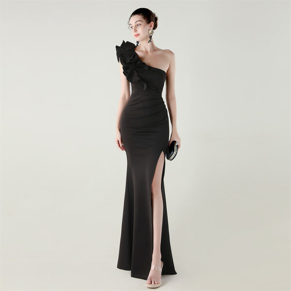One-Shoulder Satin Gown with Wave Ruffle & High Slit