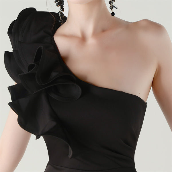 One-Shoulder Satin Gown with Wave Ruffle & High Slit