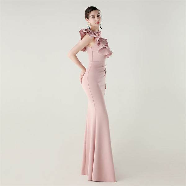 One-Shoulder Satin Gown with Wave Ruffle & High Slit