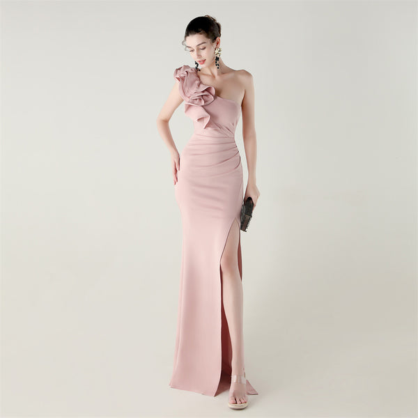 One-Shoulder Satin Gown with Wave Ruffle & High Slit