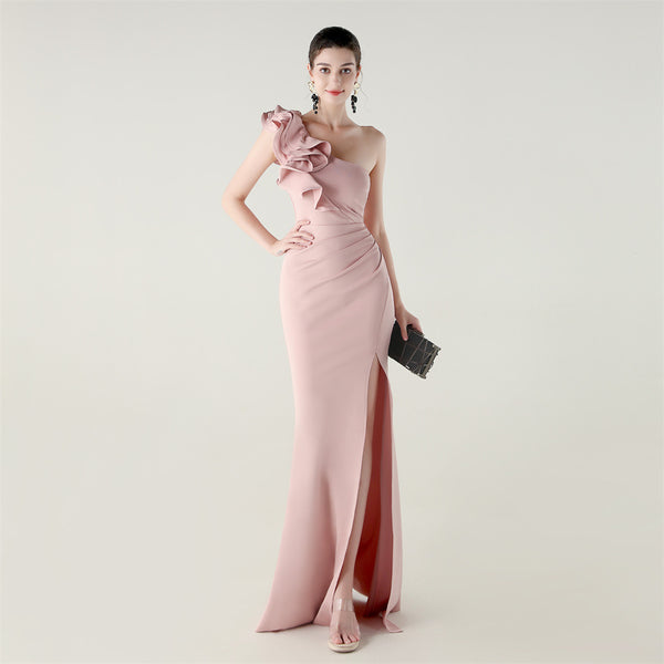 One-Shoulder Satin Gown with Wave Ruffle & High Slit