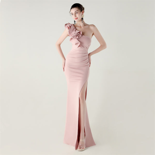 One-Shoulder Satin Gown with Wave Ruffle & High Slit