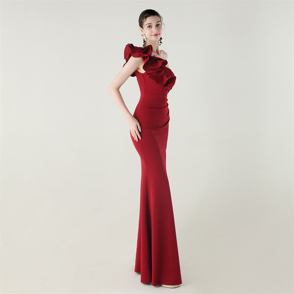 One-Shoulder Satin Gown with Wave Ruffle & High Slit
