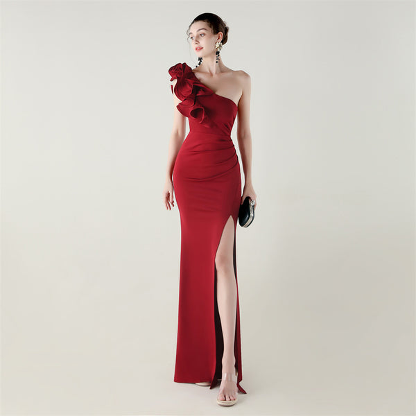 One-Shoulder Satin Gown with Wave Ruffle & High Slit