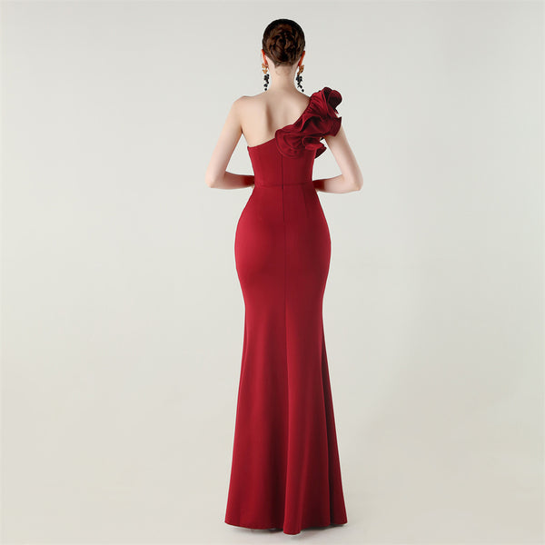 One-Shoulder Satin Gown with Wave Ruffle & High Slit