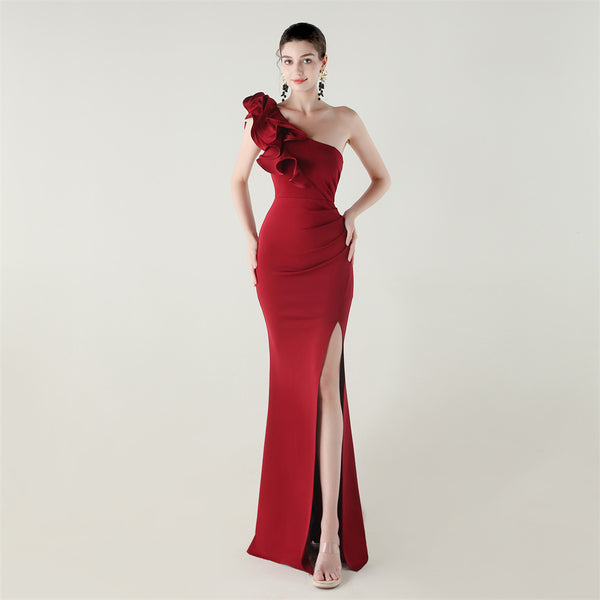 One-Shoulder Satin Gown with Wave Ruffle & High Slit