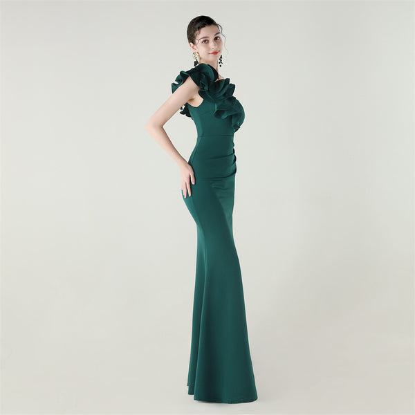One-Shoulder Satin Gown with Wave Ruffle & High Slit