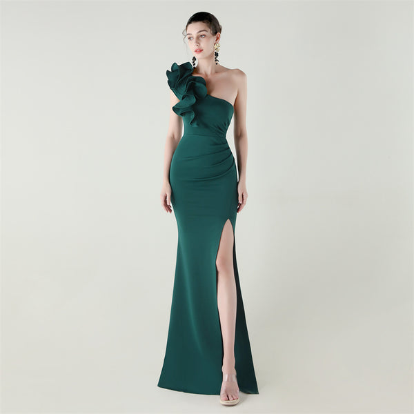 One-Shoulder Satin Gown with Wave Ruffle & High Slit