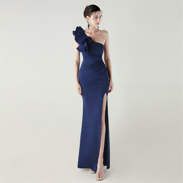 One-Shoulder Satin Gown with Wave Ruffle & High Slit