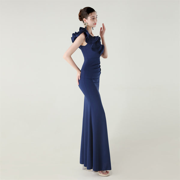 One-Shoulder Satin Gown with Wave Ruffle & High Slit