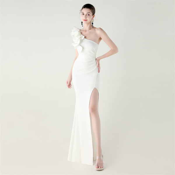 One-Shoulder Satin Gown with Wave Ruffle & High Slit