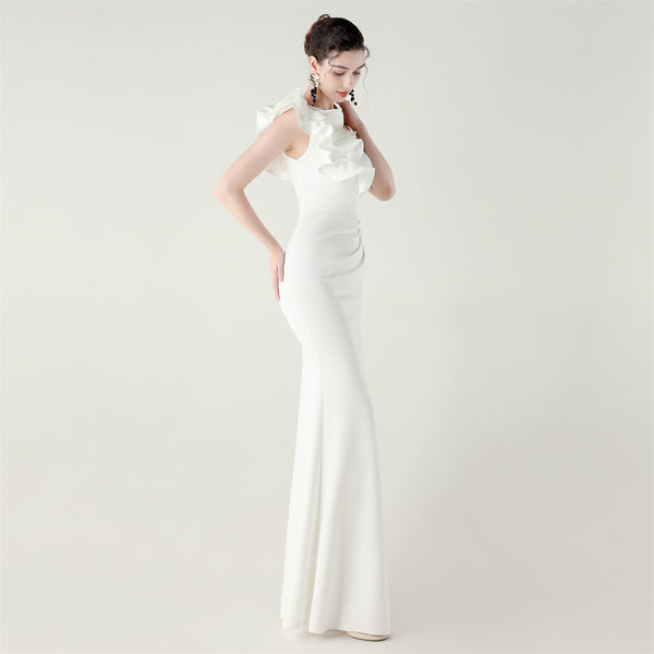 One-Shoulder Satin Gown with Wave Ruffle & High Slit