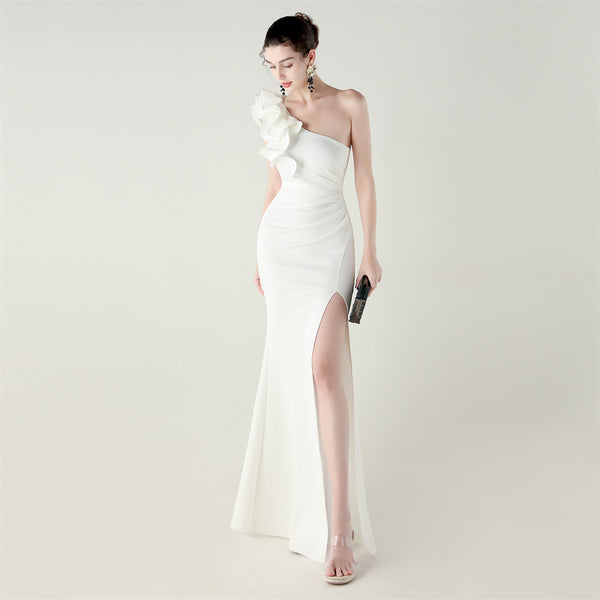 One-Shoulder Satin Gown with Wave Ruffle & High Slit