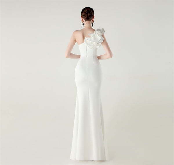 One-Shoulder Satin Gown with Wave Ruffle & High Slit