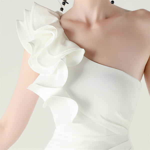 One-Shoulder Satin Gown with Wave Ruffle & High Slit