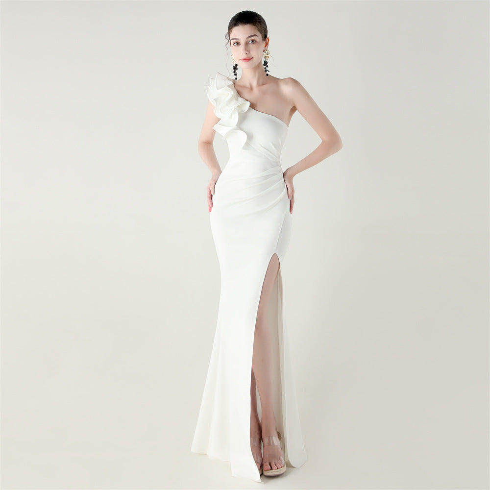 One-Shoulder Satin Gown with Wave Ruffle & High Slit