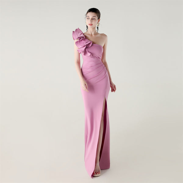 One-Shoulder Satin Gown with Wave Ruffle & High Slit