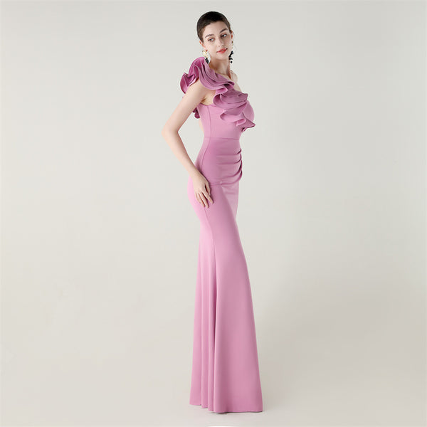 One-Shoulder Satin Gown with Wave Ruffle & High Slit