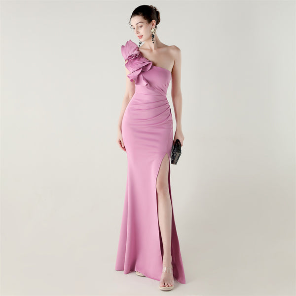 One-Shoulder Satin Gown with Wave Ruffle & High Slit