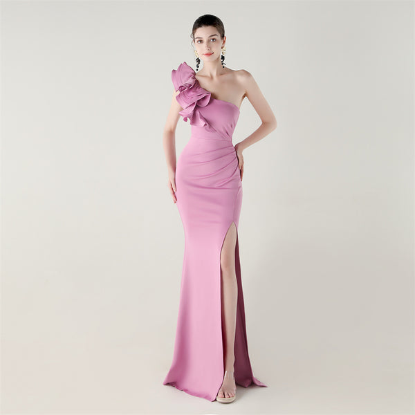 One-Shoulder Satin Gown with Wave Ruffle & High Slit