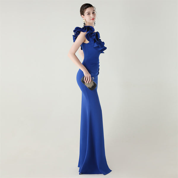 One-Shoulder Satin Gown with Wave Ruffle & High Slit
