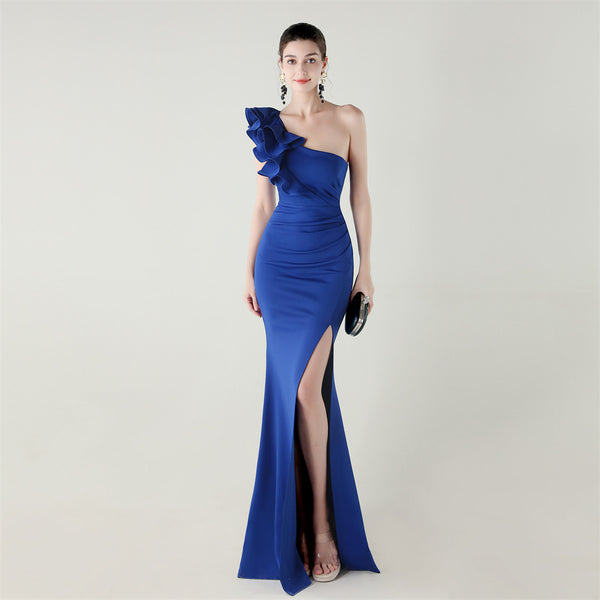 One-Shoulder Satin Gown with Wave Ruffle & High Slit