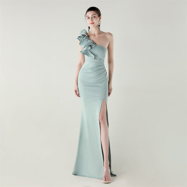 One-Shoulder Satin Gown with Wave Ruffle & High Slit
