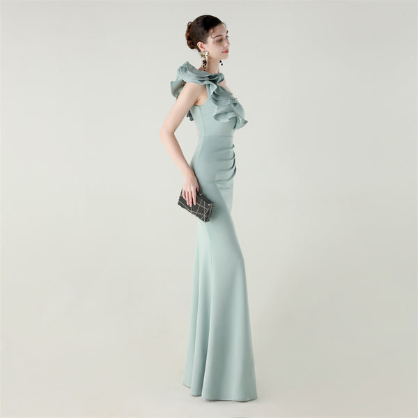 One-Shoulder Satin Gown with Wave Ruffle & High Slit