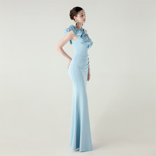 One-Shoulder Satin Gown with Wave Ruffle & High Slit