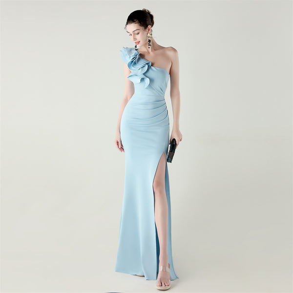 One-Shoulder Satin Gown with Wave Ruffle & High Slit