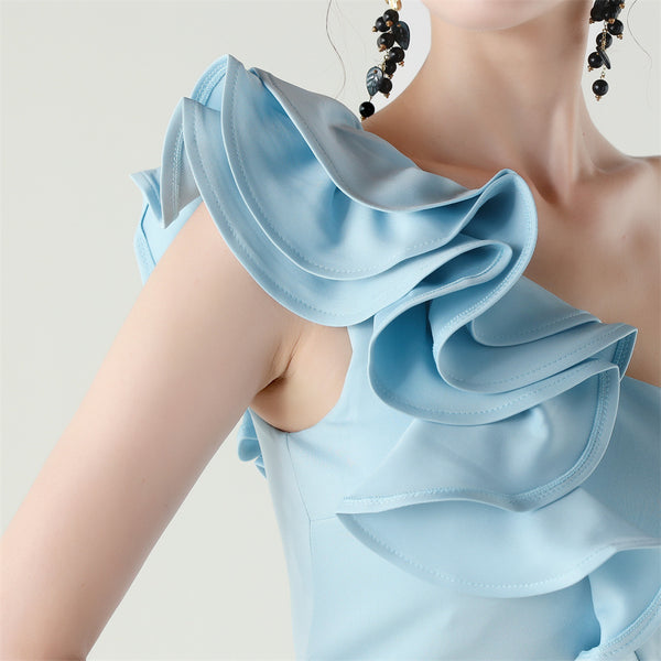 One-Shoulder Satin Gown with Wave Ruffle & High Slit