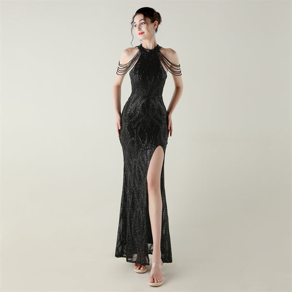 Off-the-Shoulder Halter Gown with All-Over Sequin & Beadwork