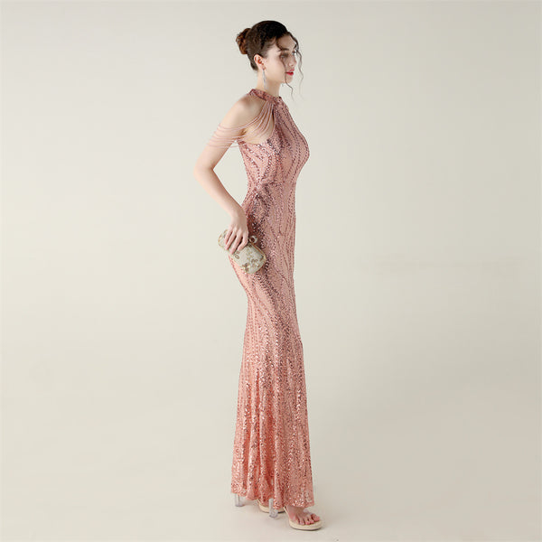 Off-the-Shoulder Halter Gown with All-Over Sequin & Beadwork