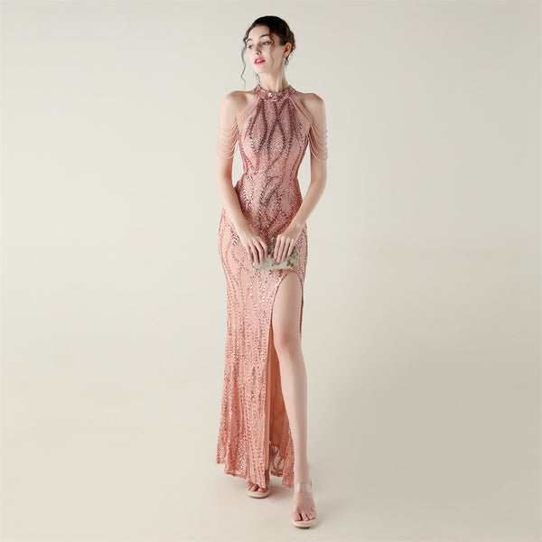 Off-the-Shoulder Halter Gown with All-Over Sequin & Beadwork