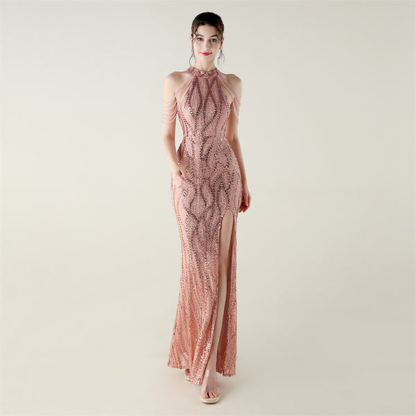 Off-the-Shoulder Halter Gown with All-Over Sequin & Beadwork